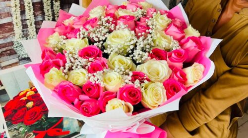 50 Imported Pink White Roses Bouquet