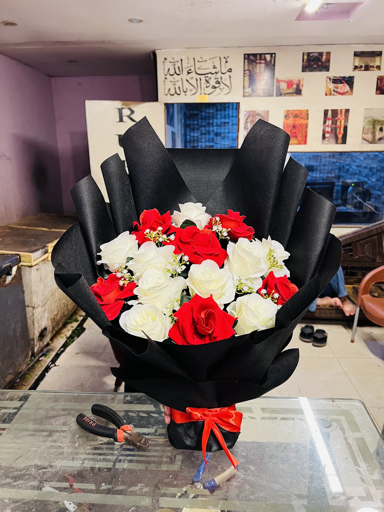 Artificial Red & White Roses Bouquet