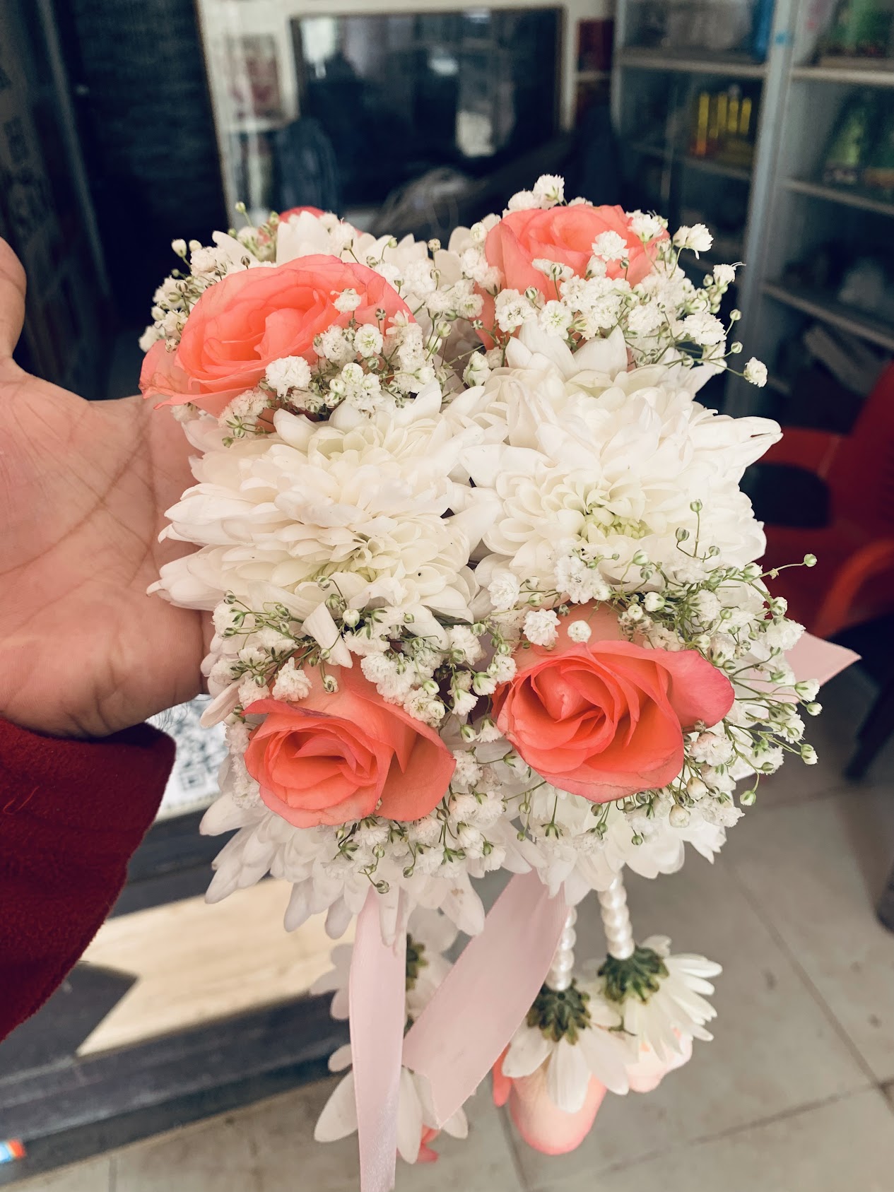 Blush Pink & White Fresh Floral Hand Gajray – Bridal Flower Jewellery