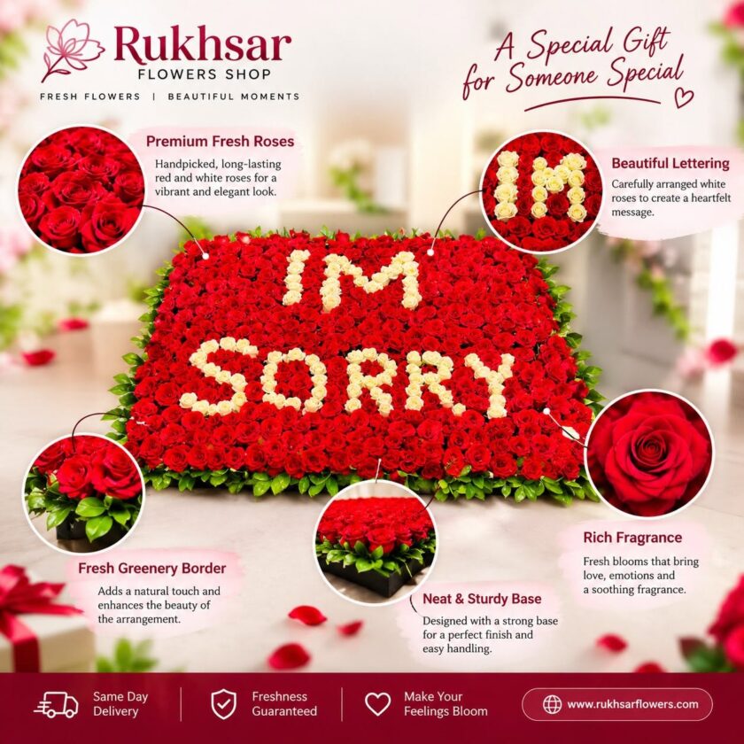 400 red roses bouquet with I'M SORRY written in white roses