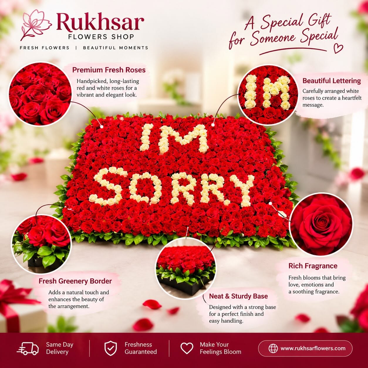 400 red roses bouquet with I'M SORRY written in white roses